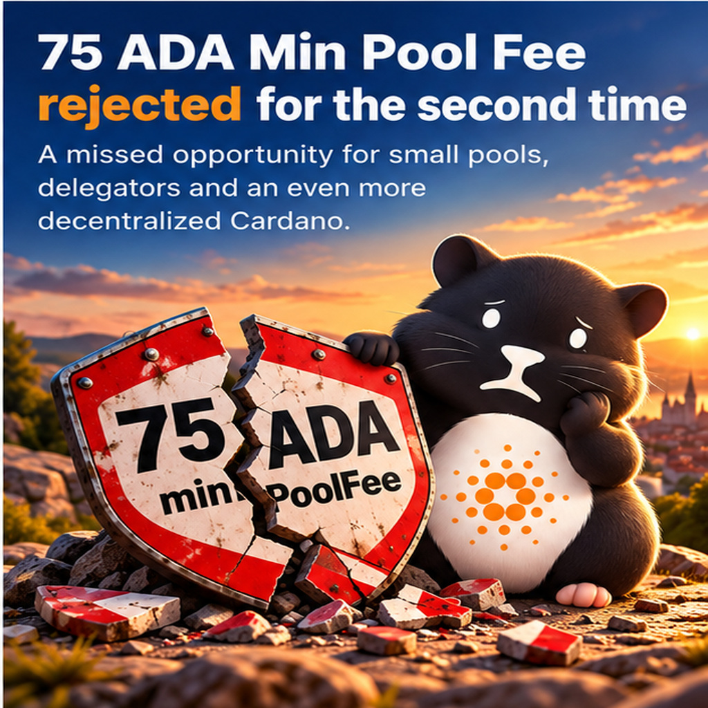 Sad Hamster Stake Pool mascot behind a broken shield reading 75 ADA minPoolFee rejected
