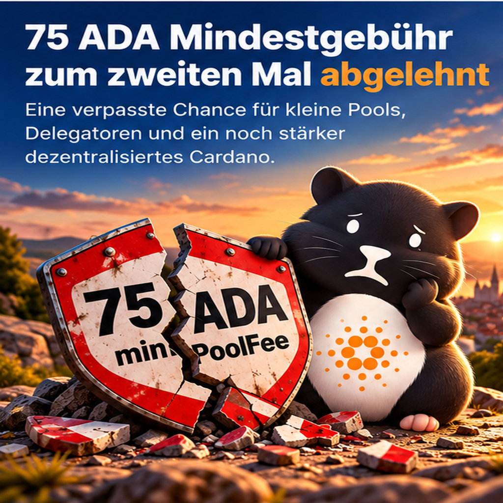 Trauriger Hamster Stake Pool hinter einem zerbrochenen Schild mit der Aufschrift 75 ADA minPoolFee abgelehnt