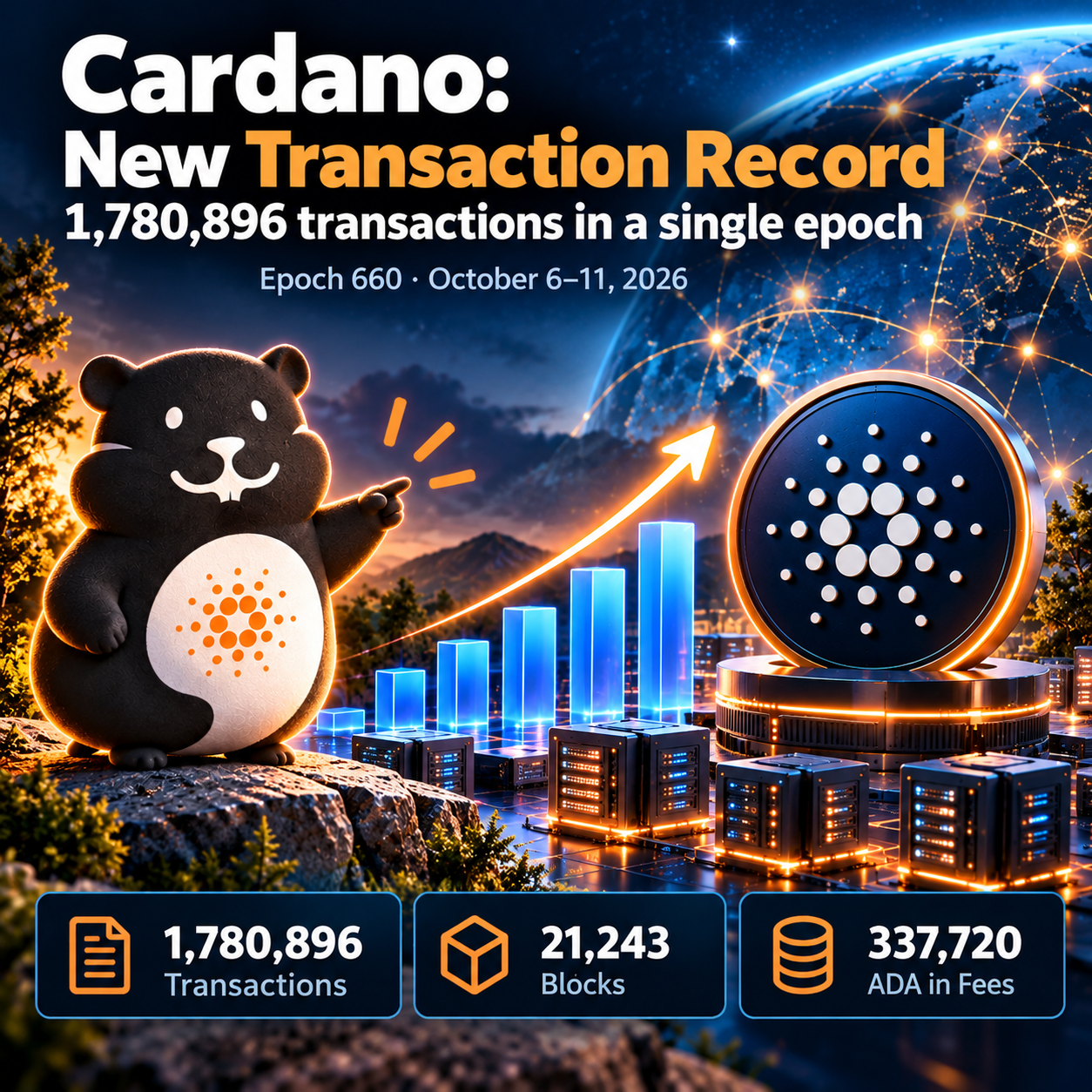 Cardano epoch 660 record showing 1,780,896 transactions, 21,243 blocks and 337,720 ADA in fees
