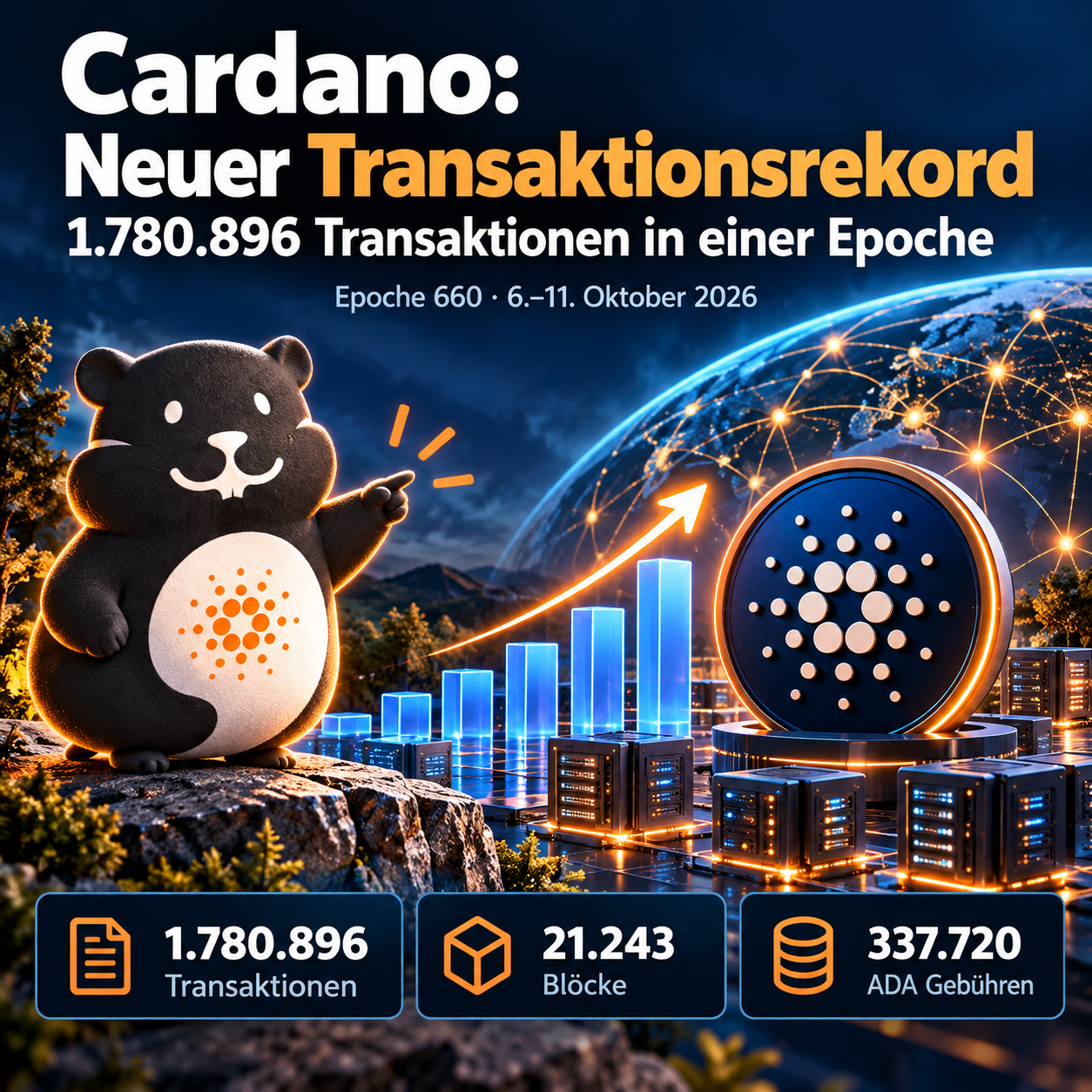 Cardano-Transaktionsrekord in Epoche 660 mit 1.780.896 Transaktionen, 21.243 Blöcken und 337.720 ADA Gebühren