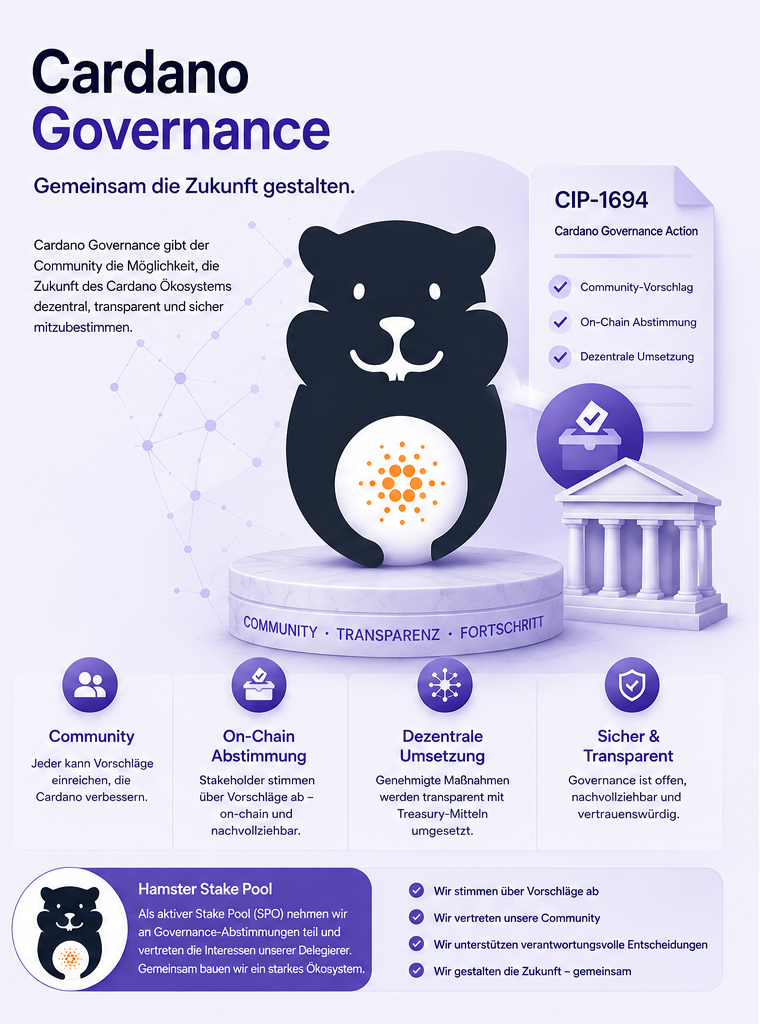 Infografik: Cardano Governance (CIP-1694) – Governance Action mit Community-Vorschlag, On-Chain Abstimmung und dezentraler Umsetzung. Vier Prinzipien: Community, On-Chain Abstimmung, Dezentrale Umsetzung, Sicher & Transparent. Der Hamster Stake Pool nimmt als aktiver SPO an Governance-Abstimmungen teil und vertritt die Interessen seiner Delegierer.